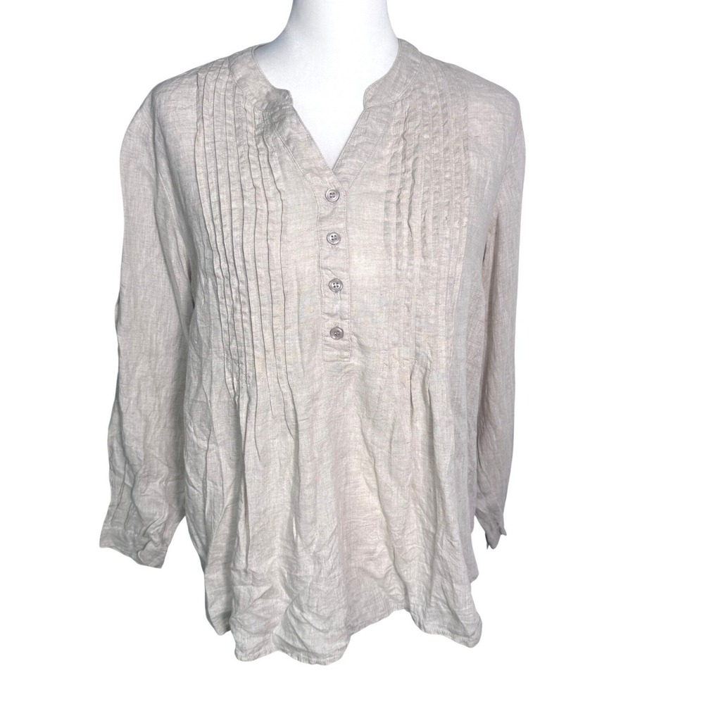 COLDWATER CREEK Womens Large Petite Oatmeal Beige Linen Pintuck Henley Tunic Top